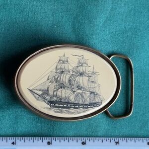 belt buckle, scrimshaw, brass